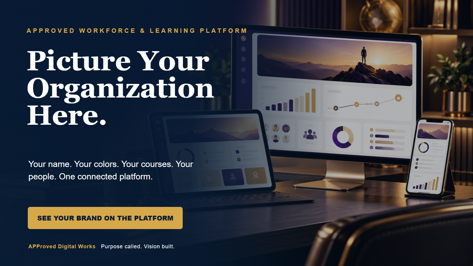 Approved Workforce and Learning Platform displayed on desktop, tablet, and mobile devices